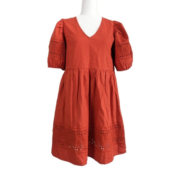 Madewell Linen-Blend Embroidered Eyelet Puff-Sleeve Orange/Red Mini Dress Small - Picture 3 of 10